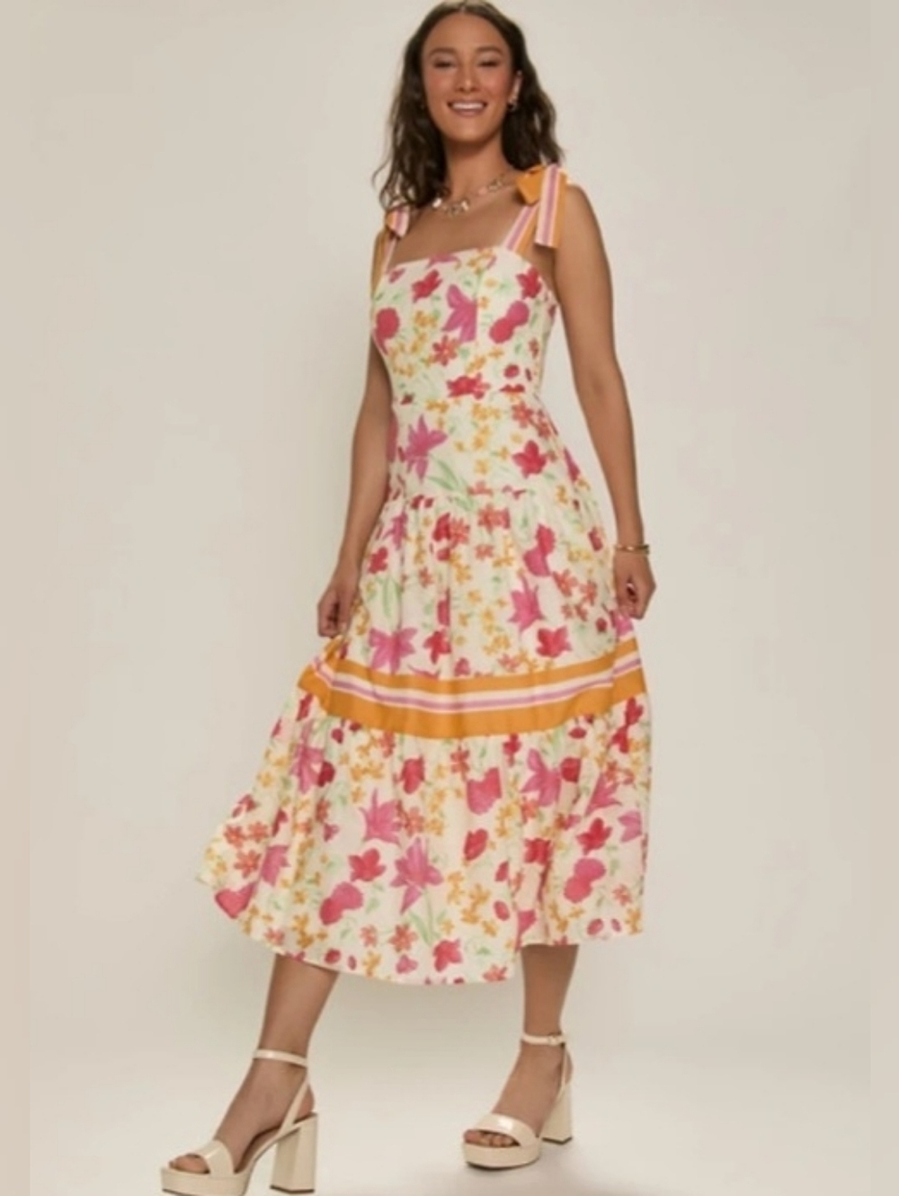 Francesca's Amelia Bow Strap Floral Tiered Midi Dress Princess Waist